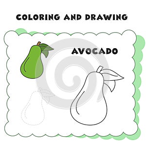 Coloring and drawing book element avocado. Coloring book. Hand drawn. Adults, children. Black and white. Vegetables, avocado,