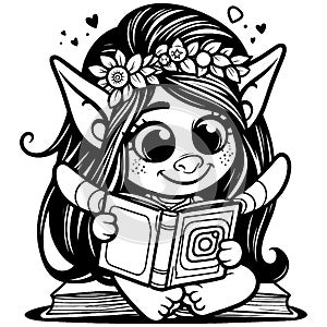 Coloring enchantress girl, gnome reading a book in pajamas. Printable black and white. Generative ai.