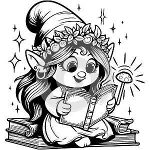 Coloring enchantress girl, gnome reading a book in pajamas. Printable black and white. Generative ai.