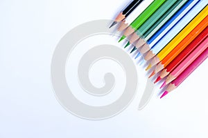 Coloring equipment  on white background close up with Clipping pat,flay out view and copy space.Beautiful color pencils.Co