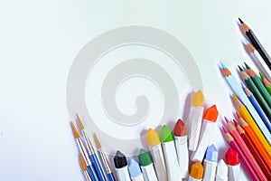 Coloring equipment  on white background close up with Clipping pat,flay out view and copy space.Beautiful color pencils.Co