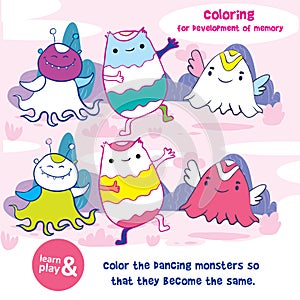 Coloring exercise for development memory. Paint dancing monsters with markers until pictures become same. Learn and play