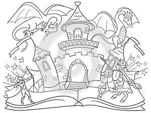 Coloring fairy open book tale concept kids illustration with evil dragon, brave warrior and magic castle.