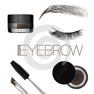 Coloring gel for eyebrows. Eyebrows makeup. Brush and comb for eyebrow. Beautiful closed eye and brow. Isolated on a white backgro photo