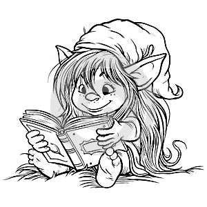 Coloring gremlin girl, gnome reading a book in pajamas. Printable black and white. Generative ai.