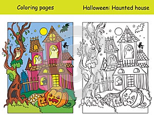 Coloring Halloween haunted house with colored example