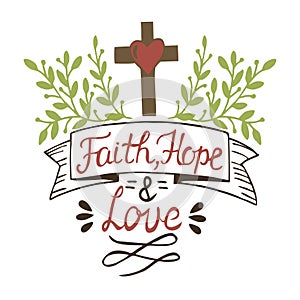 Coloring Hand lettering Faith, hope and love with cross and leaves.