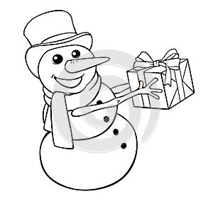 Coloring Ñhristmas snowman with gift on a white background