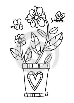 Coloring with indoor flowers in a pot with insects for adults and children. Home flowers in a vase with the ground. Bees and