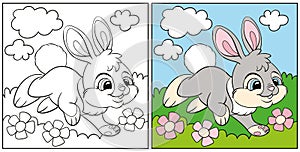 Coloring for kids cute running bunny vector illustration