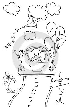 Coloring For Kids: Little Elephant Driving A Car