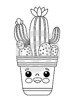 Coloring for kids. Set of Cute cactus and succulents in pots. Black and white contour