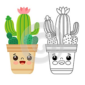 Coloring for kids. Set of Cute cactus and succulents in pots. Black and white contour