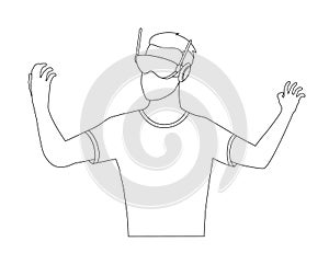 Coloring man wearing virtual reality goggle glasses headset. Touching vr interface. Future technology. Man using virtual