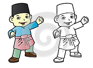 Coloring Melayu Muslim Boy - Vector Illustration