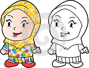 Coloring Melayu Muslim girl - Vector Illustration