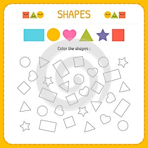 Coloring multiple shapes. Learn shapes and geometric figures. Preschool or kindergarten worksheet for practicing motor skills