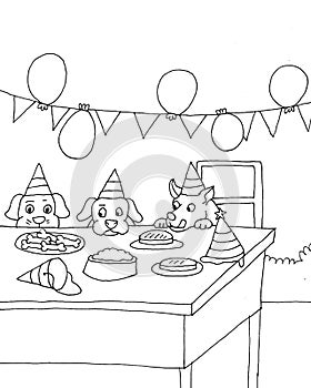 Coloring page 3 dogs on birthday party