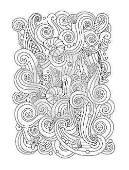 Coloring page with abstract sea background waves, shells, corals. Vertical composition.