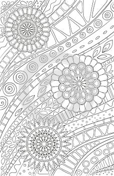 Coloring page for adult and kids coloring book or bullet journal. Doodle floral pattern with flowers and geometric lines. Black photo