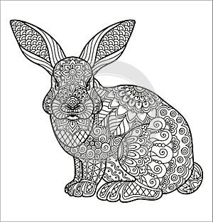 Coloring page for adult and kids coloring book or bullet journal. Doodle floral pattern on the rabbit, hare. Flowers and geometric photo