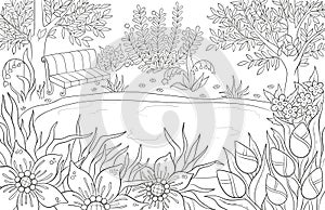 Coloring page for adult and kids coloring book or bullet journal. Summer landscape with bench, tees, leaves, flowers and lake.