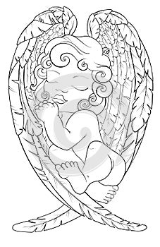 Coloring page for adult, kids coloring book, notebook with sleeping baby angel on his wings. Christmas boy. Black and white