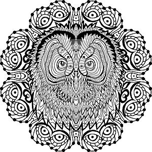 Coloring page for adults. Owl`s head in the round pattern. Line art