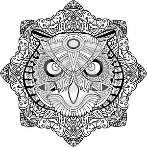 Coloring page for adults. Stern owl on a background of a circular mandala pattern.