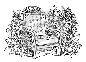 Coloring page of a beautiful romantic garden. Armchair in the garden among flowers.