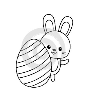 Coloring page with big Easter egg and rabbit. Black and white egg and bunny. Vector