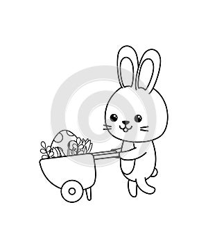 Coloring page with big Easter egg in wheelbarrow and bunny. Black and white barrow, rabbit. Vector.