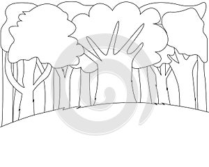 Coloring page. Big trees and a meadow. Beautiful landscape of nature. Fresh forest