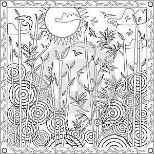 Coloring Page Book for Adults Square Format Bamboo Japanese Design Sunset Vector Illustration