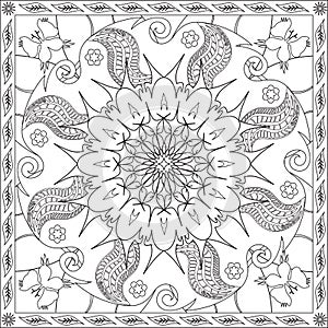 Coloring Page Book for Adults Square Format Floral Mandala Butterfly Design Vector Illustration
