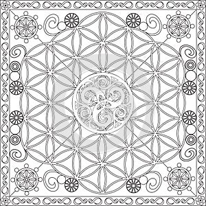 Coloring Page Book for Adults Square Format Flower of Life Mandala Design Vector Illustration