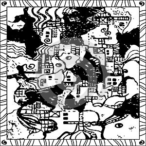 Coloring Page Book for Adults Square Format Landscape Map Style Design Vector Pattern