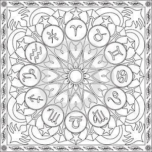 Coloring Page Book for Adults Square Format Zodiac Signs Wheel Mandala Design Vector Illustration