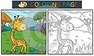 Coloring page or book with cute giraffe in the forest