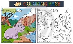 Coloring page or book with cute hippo cartoon in the forest
