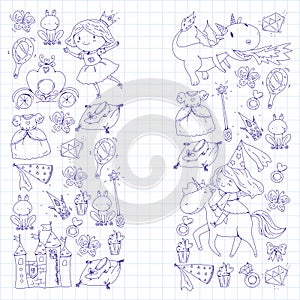 Coloring page for book. Cute little princess with unicorn and dragon. Castle for little girl, dress, magic wand. Fairy