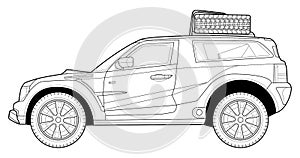 Coloring page for book and drawing. Offroad drive vehicle. Black contour sketch illustrate Isolated on white background.