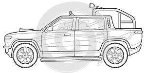 Coloring page for book and drawing. Offroad drive vehicle. Black contour sketch illustrate Isolated on white background.