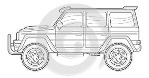 Coloring page for book and drawing. Offroad drive vehicle. Black contour sketch illustrate Isolated on white background