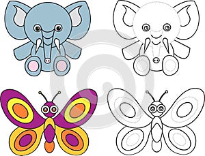 Coloring page book for kids - elephant butterfly