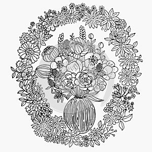 Coloring page bouquet of flowers in a vase. Vector illustration of wildflowers in a circle