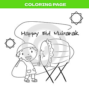 Coloring page of a boy beating bedug or drum during fasting season