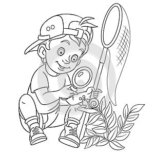 Coloring page with boy discovering nature