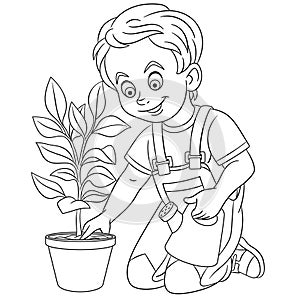 Coloring page with boy planting tree
