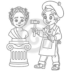 Coloring page with boy sculptor craftsman sculpting